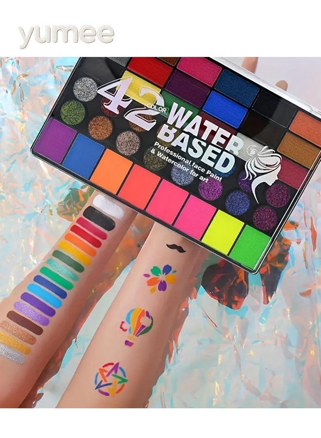 yumee Face Painting Kit for Kids, 42 Colors Non-Toxic Water Activated Makeup Palette + Neon Glow in the Dark + Easy Wash Off, Ideal for Halloween, Birthday Parties, Cosplay, Festivals - Image 2